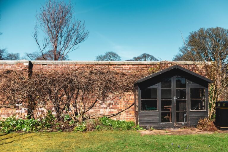 Black-painted timber summerhouse with glazed double doors against an old red-brick garden wall