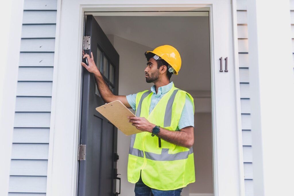 Inspector in a yellow hard hat and hi-vis vest checking the frame of a new front door, clipboard in hand